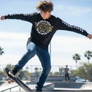 Men’s or big boys Vans Black Long Sleeve with Yellow Logo and Checkered Sleeve